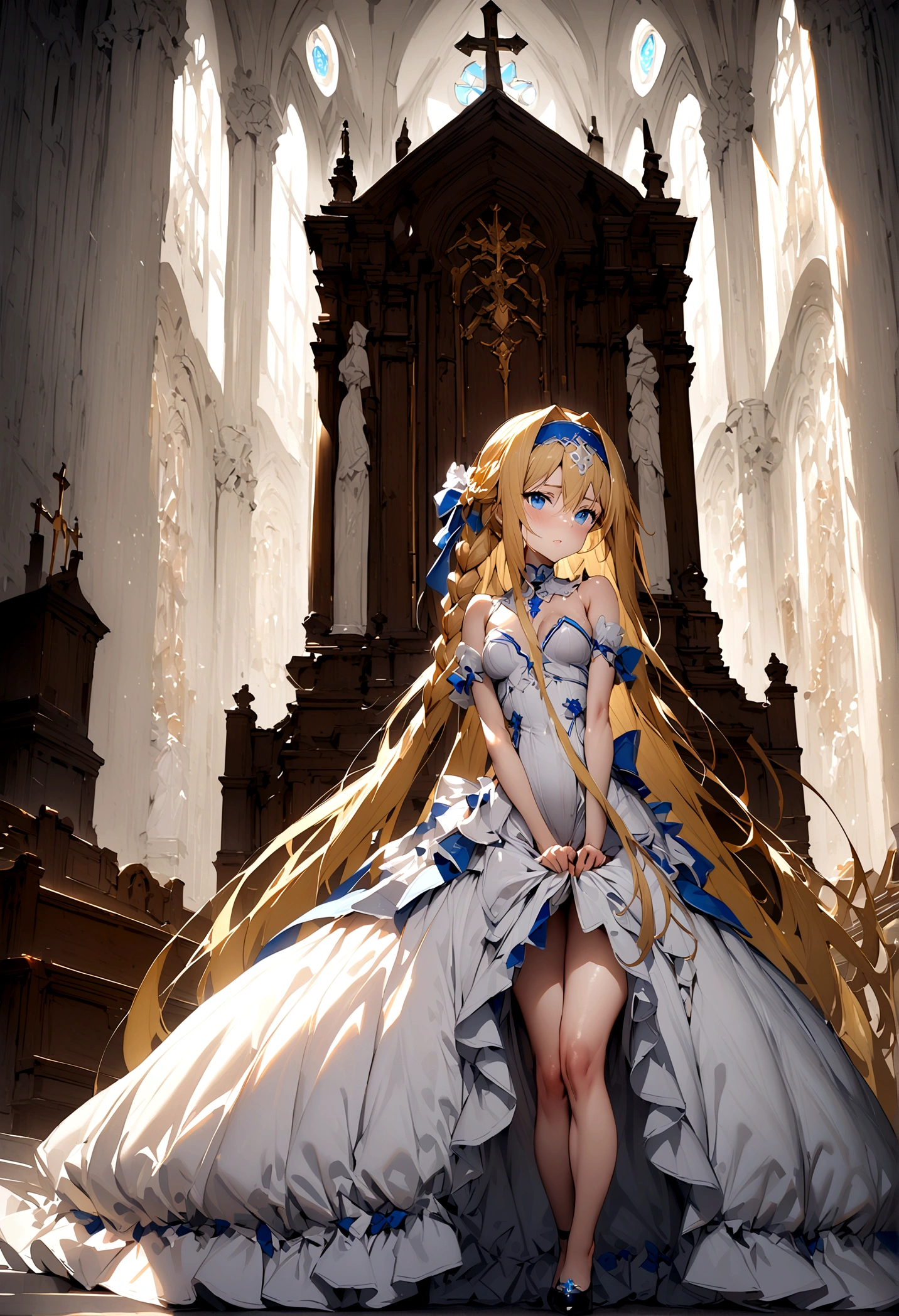 NSFW,masterpiece,Highest quality,High resolution,Super detailed,(Sword Art Online\), Alice Zuberg、bangs、blue eyes、Blonde Hair、Hair between the eyes、Very long hair、Braid、hair band、白いhair band,dress,church,White Room