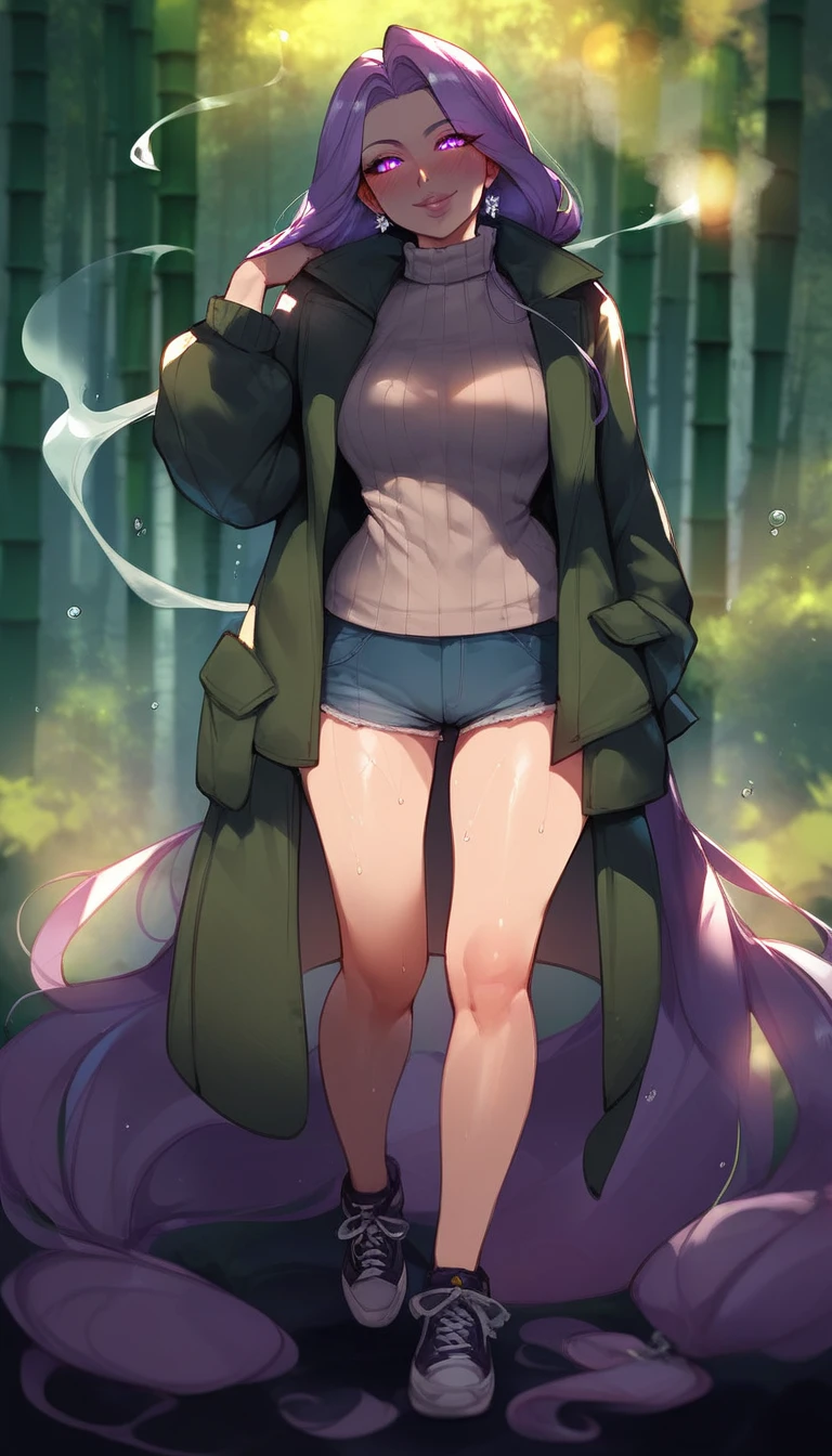 score_9, score_8_up, score_7_up, score_6_up, uncensored, quinella, absurdly long hair, purple eyes, long hair, parted bangs, purple hair, very long hair, hair ornament, horny face, blush face, lips, naughty face, shiny skin, sweating, steaming body, curvy, voluptuous, glowing eyes, 1girl, solo, pantyhose, standing, coat, full_body, looking_at_viewer, black_legwear, smile, casual, shoes, turtleneck, simple_background, jacket, tree, bamboo, forest, smoke, water drop, spotlight, bokeh, bootyshorts, sneakers,