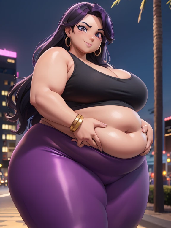 Latina woman, 42 years old, long black hair with purple highlights, tan-bronze skin, MILF, plus size milf body, chubby figure, chubby face, seductive face, looking from behind and winking smile, erotic adult face, mascara, purple lips, purple mascara, purple eyeshadow, beautifully detailed eyes, hands on hips, looking from behind, (wearing black tank-top, shiny purple leggings and golden bracelets), wide hips, large thighs, beautiful thick female, thick thighs, she has a jiggly fat round belly, she has a fat ass, standing in the streets of Miami, (back shot:1.2), best quality, cinematic lighting, detailed background, soft volumetric lights, intricate details,