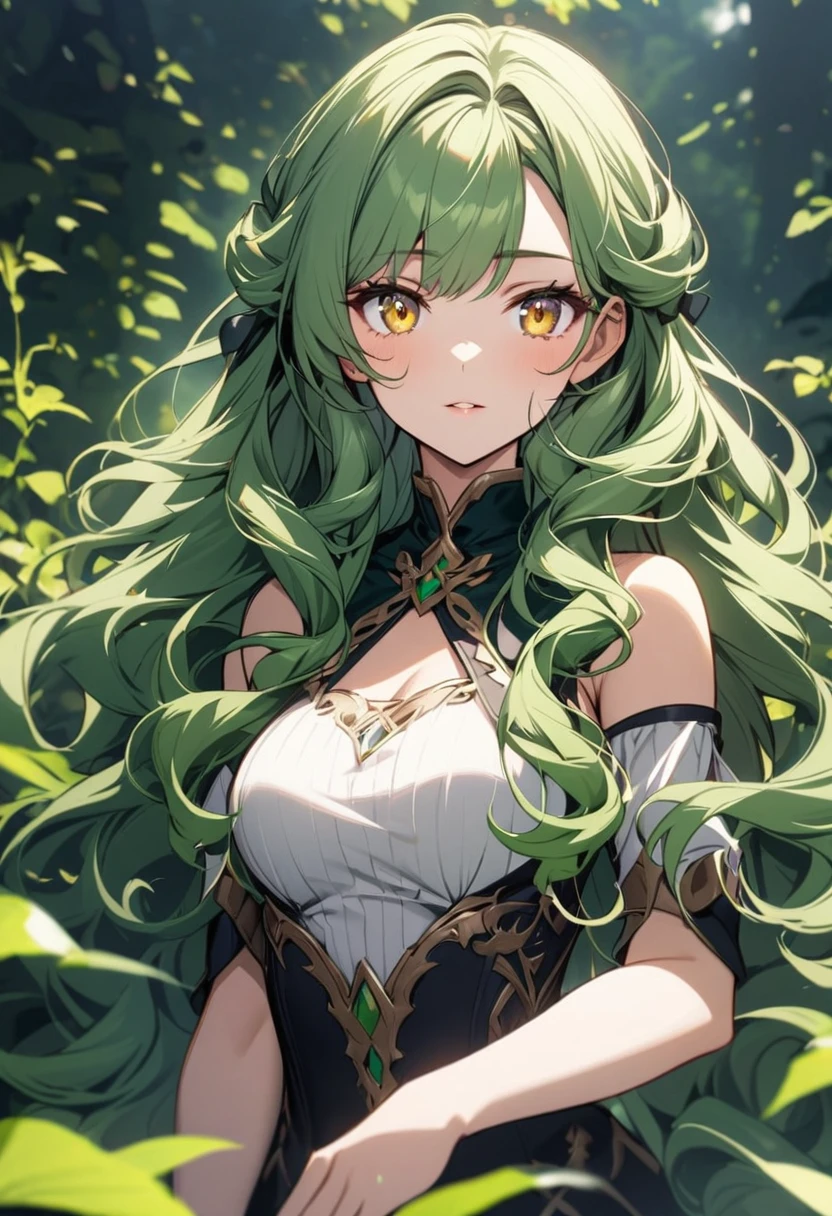 girl, beautiful, green hair, yellow eyes, curly hair, breasts, long hair,
