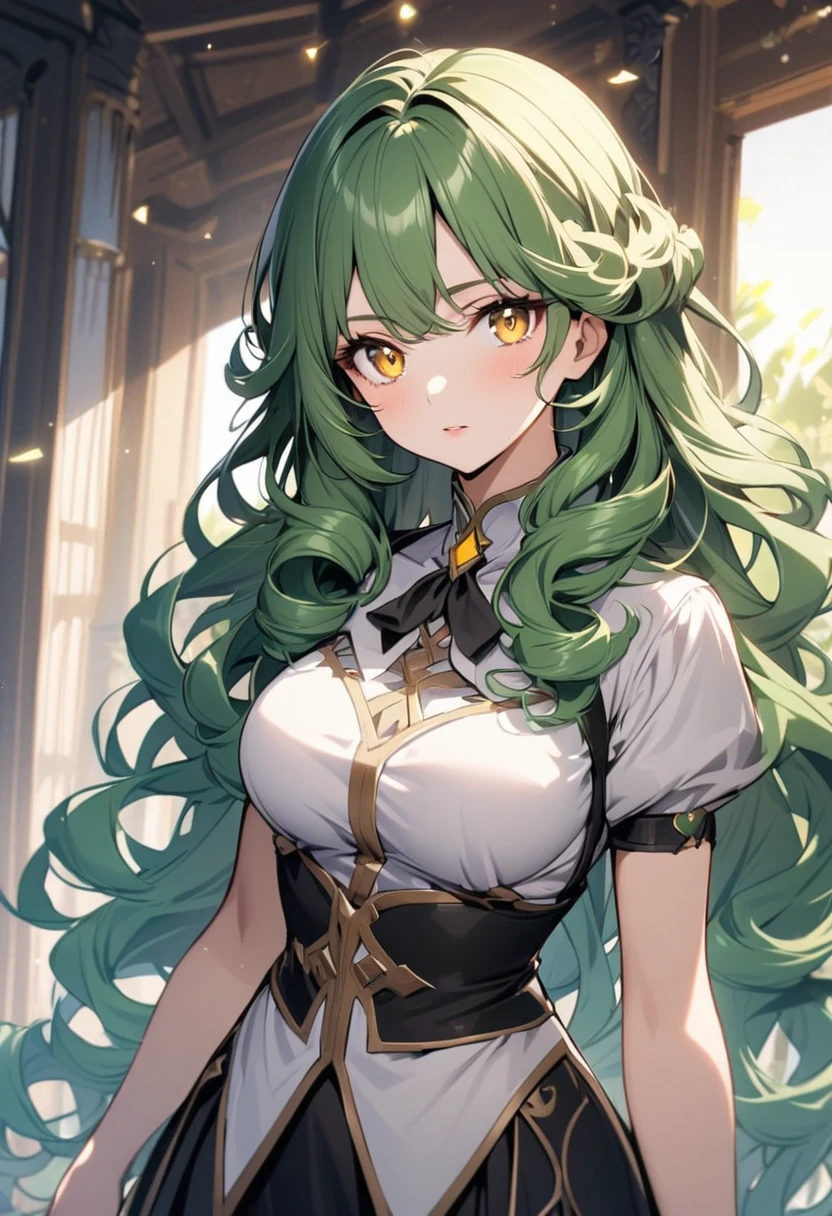 girl, beautiful, green hair, yellow eyes, curly hair,  breasts, long hair,
