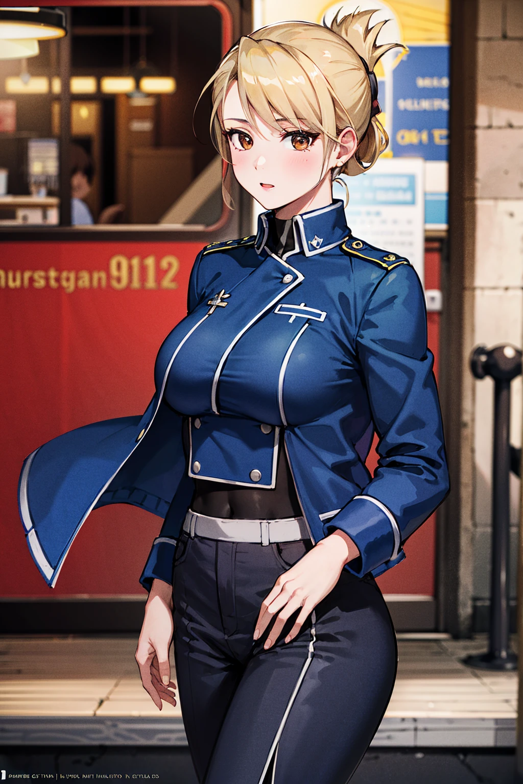 masterpiece, Highest quality, High resolution, One girl, Himliza, Folded ponytail, Brown eyes, Medium chest, uniform, Blue jacket, Blue pants, Are standing, glamorous, Outdoor, View your viewers,Big Breasts