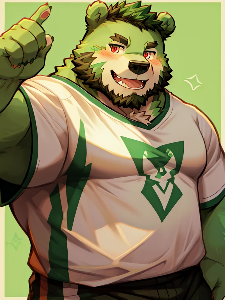 anthro, kemono, male, solo, (((green bear))), (((green fur))), green hair, red eyes, beard, white eyebrows, sexy, blush, wink, simple background, wear a white t-shirt, wave a big lgbt flag,