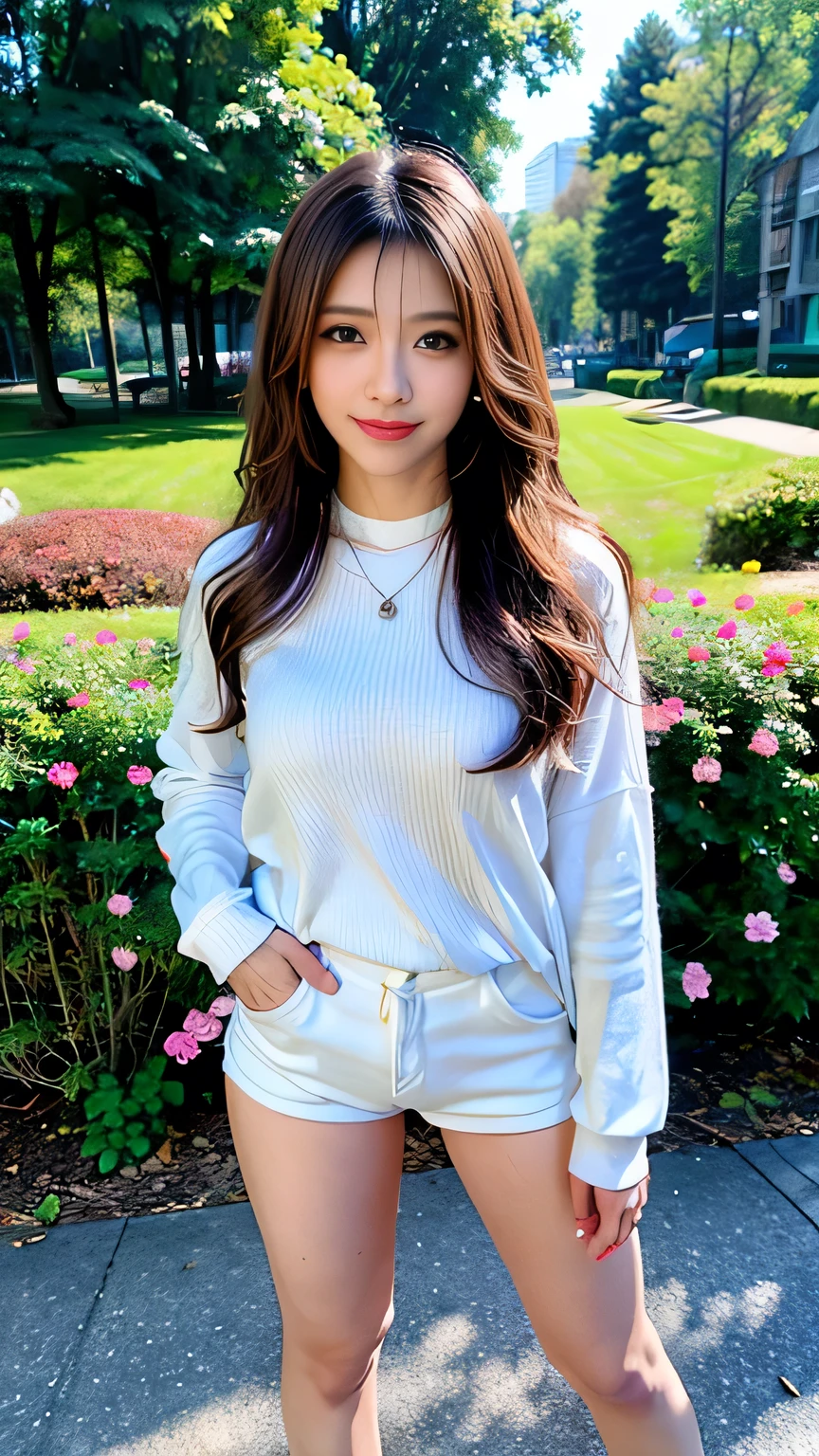 seed:4195271995,((Full Body Angle:1.1)),((Highest quality, 8K, masterpiece: 1.3)), concentrated: 1.2,Front hair:1.3, Cute girl 1,Nipples erect、 Perfect beauty: 1.4,Colorful ribbed knit half-zip T-shirt、Shorts,: 1.2,Randall Color、comics&Text Graphics、Black,1.1, Highly detailed face and skin textures, Fine grain, double eyelid, whitening skin, ,Highest quality,Ultra-high resolution,you,1 girl,alone,_Shiny_skin,Iris,necklace,((brown_length_Wavy_hair)),(lips)),eyelash,Front hair,deal with,compensate,Shiny,pore,skin big breasts、(smiling face)、Front hair、Walking in the park、walk