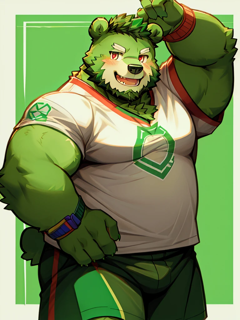 anthro, kemono, male, solo, (((green bear))), (((green fur))), green hair, red eyes, beard, white eyebrows, sexy, blush, wink, simple background, wear a white t-shirt, wave a big lgbt flag,