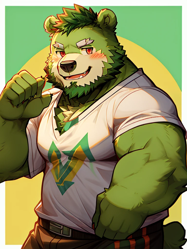 anthro, kemono, male, solo, (((green bear))), (((green fur))), green hair, red eyes, beard, white eyebrows, sexy, blush, wink, simple background, wear a white t-shirt, wave a big lgbt flag,