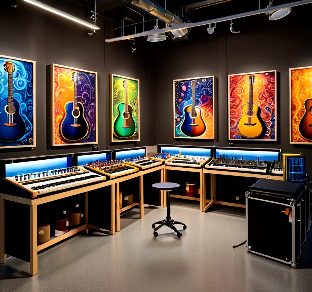 Masterpiece; Guitars and drums in a small science lab(((several science bottles around the room))); (guitars and musical keyboards inside science bottles) World map on the wall. sciencie complete with speakers and glass flasks of chemistry, embody the resilience and tenacity of the scientific community, infused with a bold graphic allure that enlivens the spirit of science. The design penetrates layers of depth, integrating the raw essence and vibrant cores of Rio de Janeiro culture. Brushstrokes that incorporate the fluid energy of graffiti on guitars and acoustic guitars weave around dynamic geometric shapes, adorning the laboratories with an evocative masterpiece that speaks to the heart of the intersection between two diverse worlds. Majestically rendered in high definition and vibrant color, every detail bursts with life, inviting viewers to marvel at the beauty that; by Monet