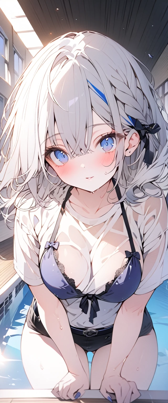 beautiful, masterpiece, Highest quality, anime, One girl, C Cup,Portrait Shot, View your viewers, Covered、Medium Hair、nearby、Blue Eyes、art、、White hair,Blue streaked hair・beautiful, masterpiece, Highest quality, anime, One girl, C Cup,Portrait Shot, View your viewers, Covered、Long Hair、nearby、Blue Eyes、art、White hair,black streaked hair, dark atmosphere、Thighs、Braid、Wet Shirt、Light purple bikini、belt、Pool
