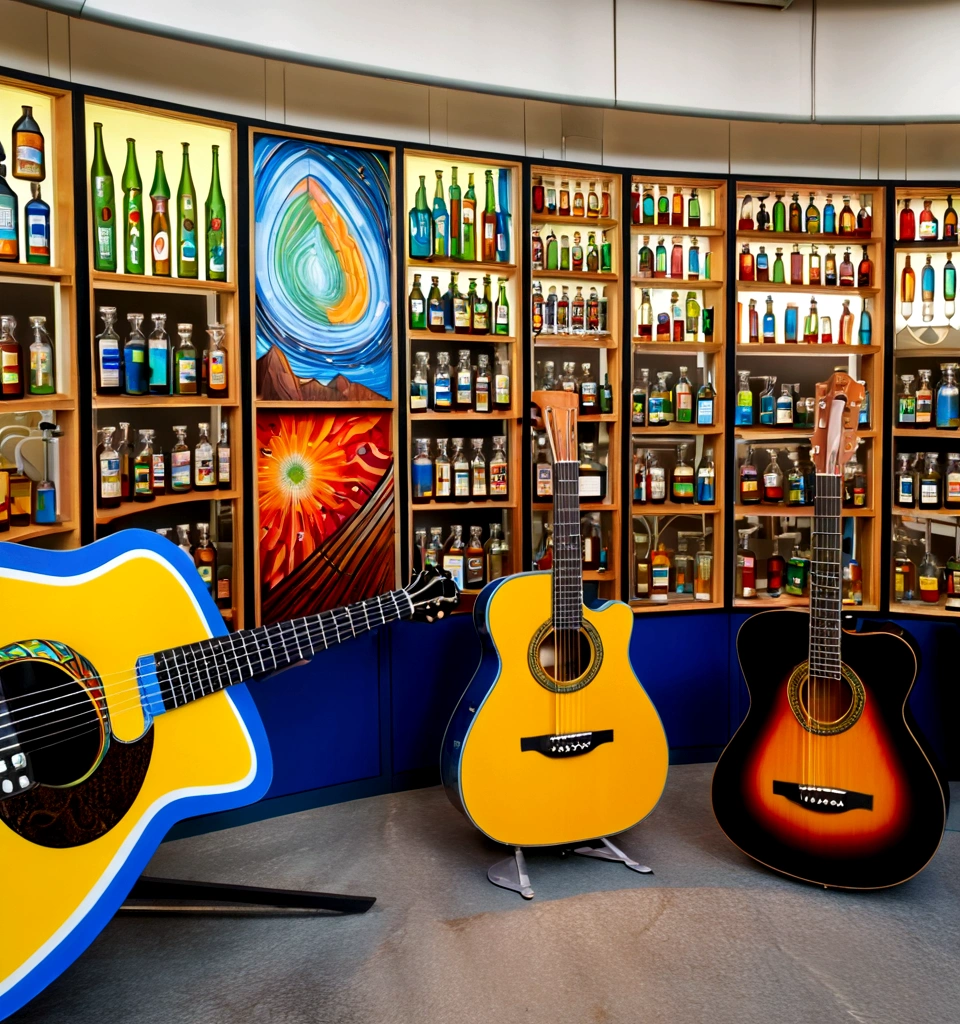 Masterpiece; Guitars and drums in a small science lab(((several science bottles around the room))); (guitars and musical keyboards inside science bottles) World map on the wall. sciencie complete with speakers and glass flasks of chemistry, embody the resilience and tenacity of the scientific community, infused with a bold graphic allure that enlivens the spirit of science. The design penetrates layers of depth, integrating the raw essence and vibrant cores of Rio de Janeiro culture. Brushstrokes that incorporate the fluid energy of graffiti on guitars and acoustic guitars weave around dynamic geometric shapes, adorning the laboratories with an evocative masterpiece that speaks to the heart of the intersection between two diverse worlds. Majestically rendered in high definition and vibrant color, every detail bursts with life, inviting viewers to marvel at the beauty that; by Monet