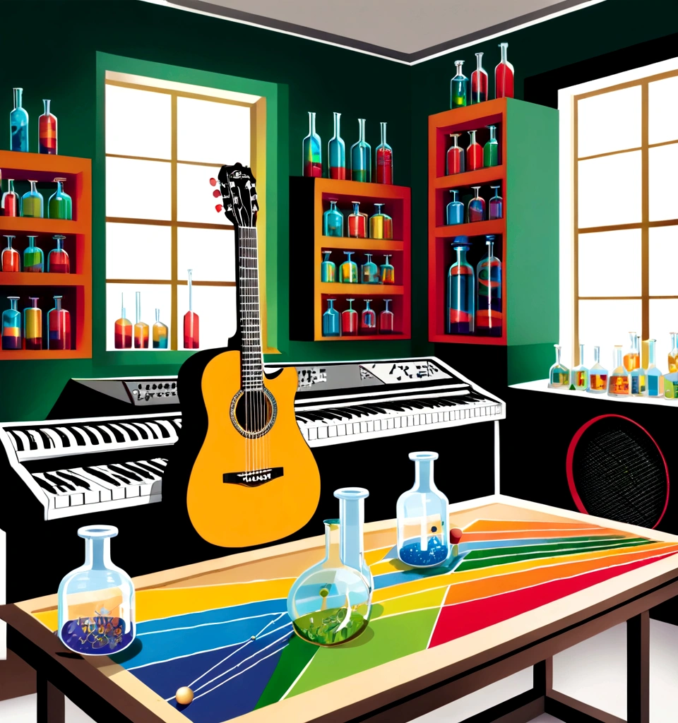 Masterpiece; Guitars and drums in a small science lab(((several science bottles around the room))); (guitars and musical keyboards inside science bottles) World map on the wall. sciencie complete with speakers and glass flasks of chemistry, embody the resilience and tenacity of the scientific community, infused with a bold graphic allure that enlivens the spirit of science. The design penetrates layers of depth, integrating the raw essence and vibrant cores of Rio de Janeiro culture. Brushstrokes that incorporate the fluid energy of graffiti on guitars and acoustic guitars weave around dynamic geometric shapes, adorning the laboratories with an evocative masterpiece that speaks to the heart of the intersection between two diverse worlds. Majestically rendered in high definition and vibrant color, every detail bursts with life, inviting viewers to marvel at the beauty that; by Monet