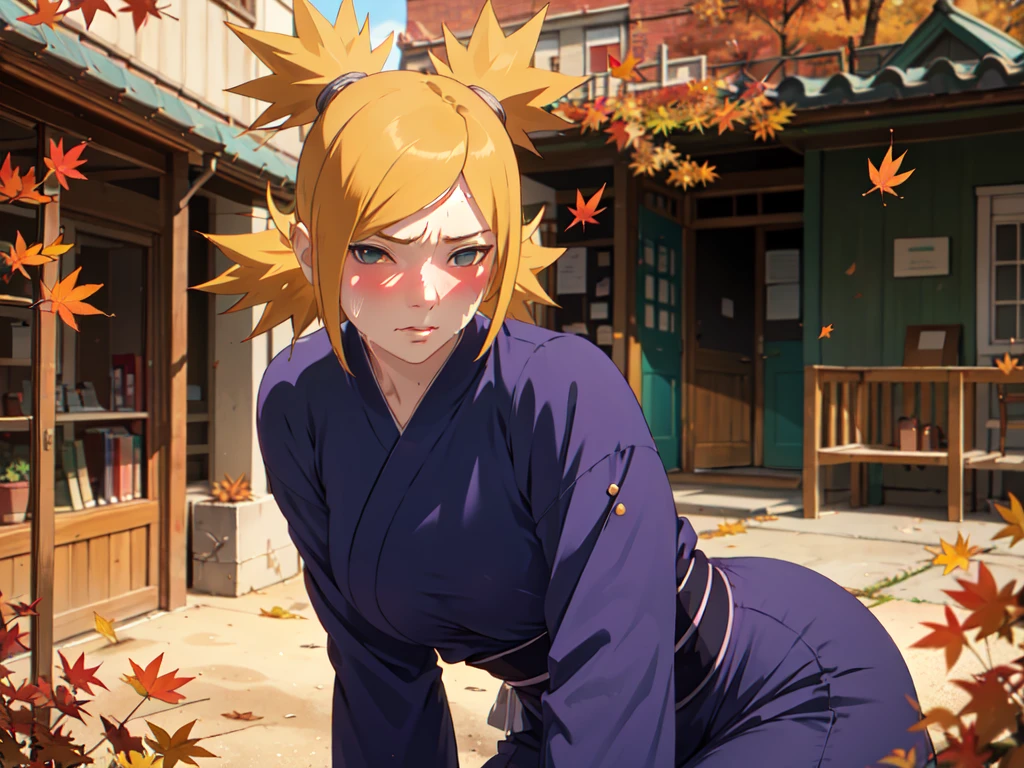 Masterpiece, absurderes , (Intricate details), (Colorful),Cinematic lighting,Bust Up Shot,Extremely detailed Cg Unity 8K wallpaper,Temari\(Boruto\), 1girll, Mature female,blue kimono, Sitting, Outdoors, (Falling leaves:1.3), Autumn leaves, (Autumn), Sunlight, Maple tree, parted lip,Wind, view the viewer, Temari\(Boruto\)，（perspire，Sweat a lot，Blushlush，Be red in the face，I had a lot of sweat on my face，Blushlush），（stooped，Buttress，Enchanting pose，A sexy pose）