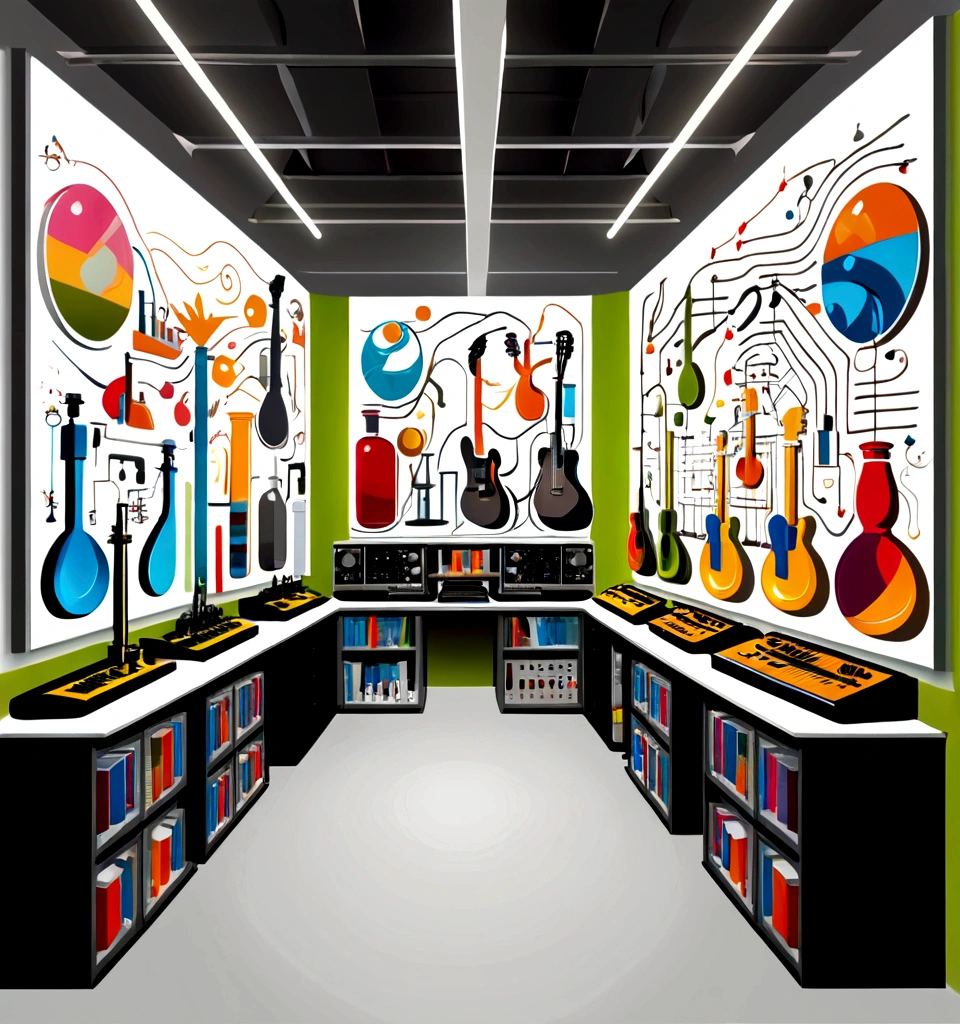 Masterpiece; Guitars and drums in a small science lab(((several science bottles around the room))); (guitars and musical keyboards inside science bottles) World map on the wall. sciencie complete with speakers and glass flasks of chemistry, embody the resilience and tenacity of the scientific community, infused with a bold graphic allure that enlivens the spirit of science. The design penetrates layers of depth, integrating the raw essence and vibrant cores of Rio de Janeiro culture. Brushstrokes that incorporate the fluid energy of graffiti on guitars and acoustic guitars weave around dynamic geometric shapes, adorning the laboratories with an evocative masterpiece that speaks to the heart of the intersection between two diverse worlds. Majestically rendered in high definition and vibrant color, every detail bursts with life, inviting viewers to marvel at the beauty that; by Monet