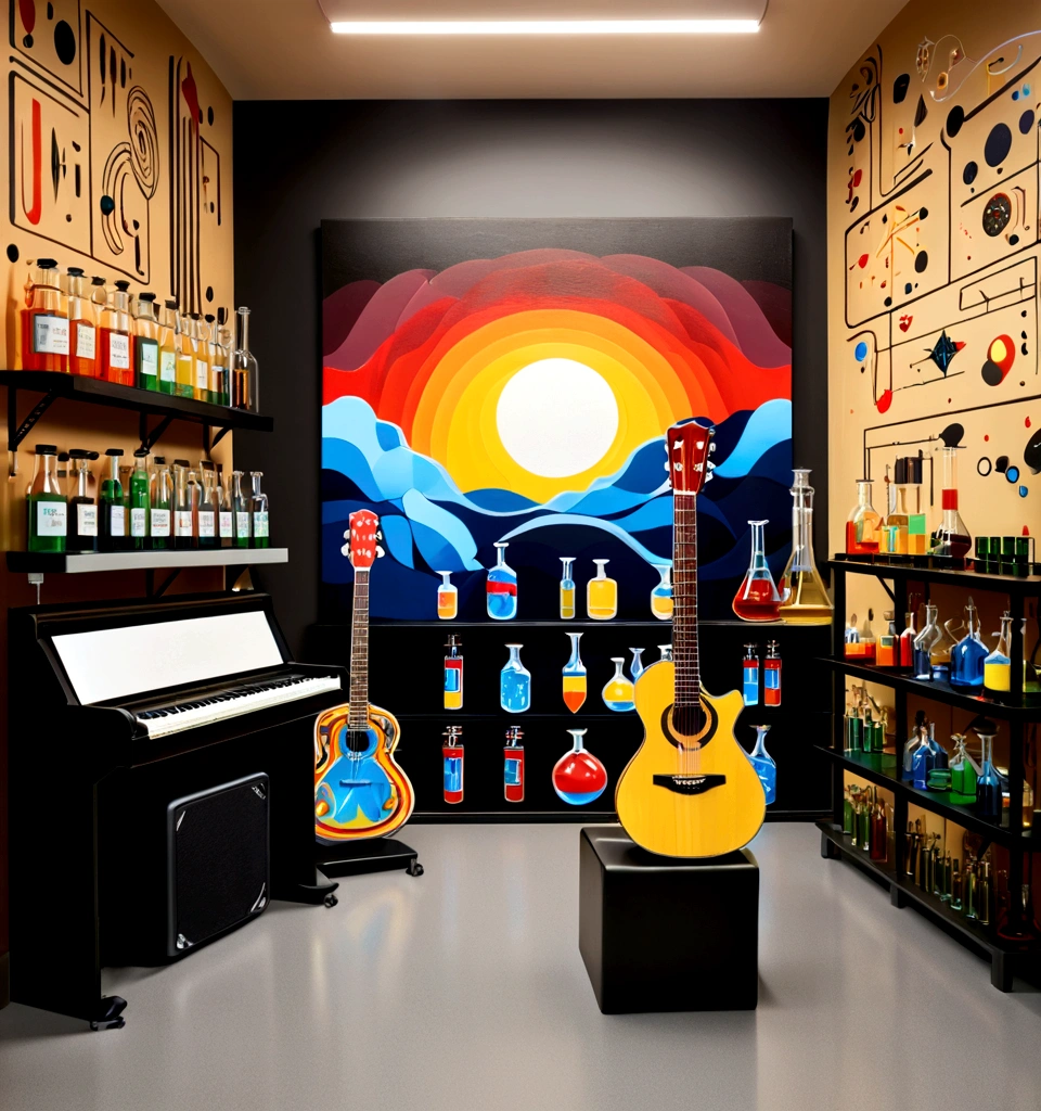 Masterpiece; Guitars and drums in a small science lab(((several science bottles around the room))); (guitars and musical keyboards inside science bottles) World map on the wall. sciencie complete with speakers and glass flasks of chemistry, embody the resilience and tenacity of the scientific community, infused with a bold graphic allure that enlivens the spirit of science. The design penetrates layers of depth, integrating the raw essence and vibrant cores of Rio de Janeiro culture. Brushstrokes that incorporate the fluid energy of graffiti on guitars and acoustic guitars weave around dynamic geometric shapes, adorning the laboratories with an evocative masterpiece that speaks to the heart of the intersection between two diverse worlds. Majestically rendered in high definition and vibrant color, every detail bursts with life, inviting viewers to marvel at the beauty that; by Monet