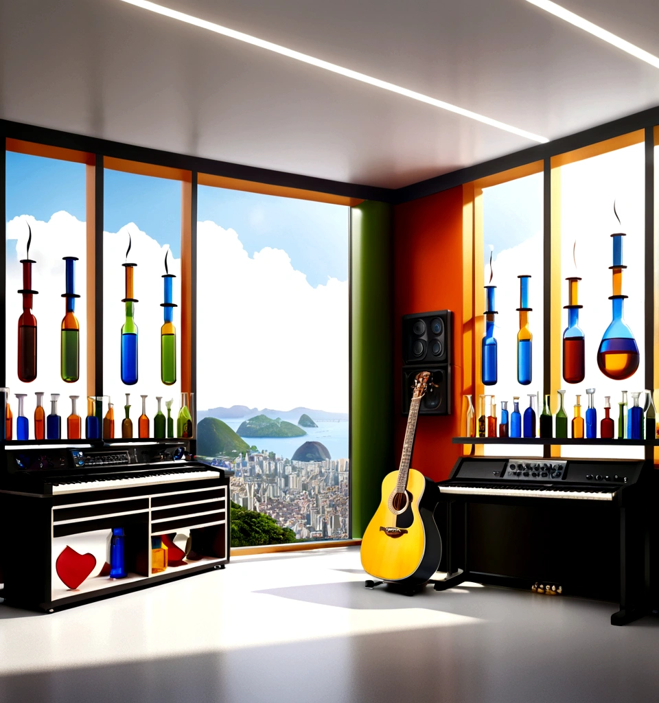 Masterpiece; Guitars and drums in a small science lab(((several science bottles around the room))); (guitars and musical keyboards inside science bottles) World map on the wall. sciencie complete with speakers and glass flasks of chemistry, embody the resilience and tenacity of the scientific community, infused with a bold graphic allure that enlivens the spirit of science. The design penetrates layers of depth, integrating the raw essence and vibrant cores of Rio de Janeiro culture. Brushstrokes that incorporate the fluid energy of graffiti on guitars and acoustic guitars weave around dynamic geometric shapes, adorning the laboratories with an evocative masterpiece that speaks to the heart of the intersection between two diverse worlds. Majestically rendered in high definition and vibrant color, every detail bursts with life, inviting viewers to marvel at the beauty that; by Monet