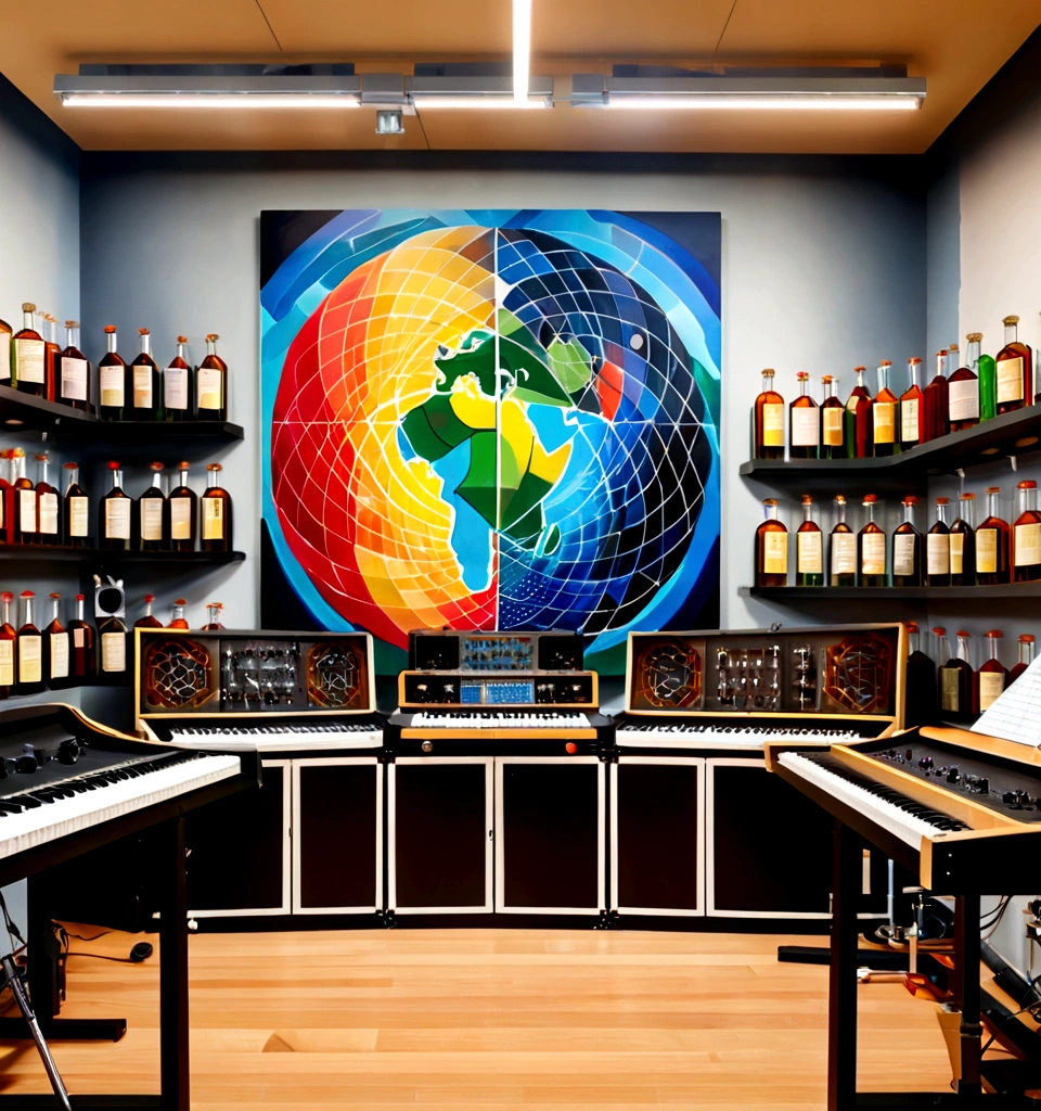 Masterpiece; Guitars and drums in a small science lab(((several science bottles around the room))); (guitars and musical keyboards inside science bottles) World map on the wall. sciencie complete with speakers and glass flasks of chemistry, embody the resilience and tenacity of the scientific community, infused with a bold graphic allure that enlivens the spirit of science. The design penetrates layers of depth, integrating the raw essence and vibrant cores of Rio de Janeiro culture. Brushstrokes that incorporate the fluid energy of graffiti on guitars and acoustic guitars weave around dynamic geometric shapes, adorning the laboratories with an evocative masterpiece that speaks to the heart of the intersection between two diverse worlds. Majestically rendered in high definition and vibrant color, every detail bursts with life, inviting viewers to marvel at the beauty that; by Monet