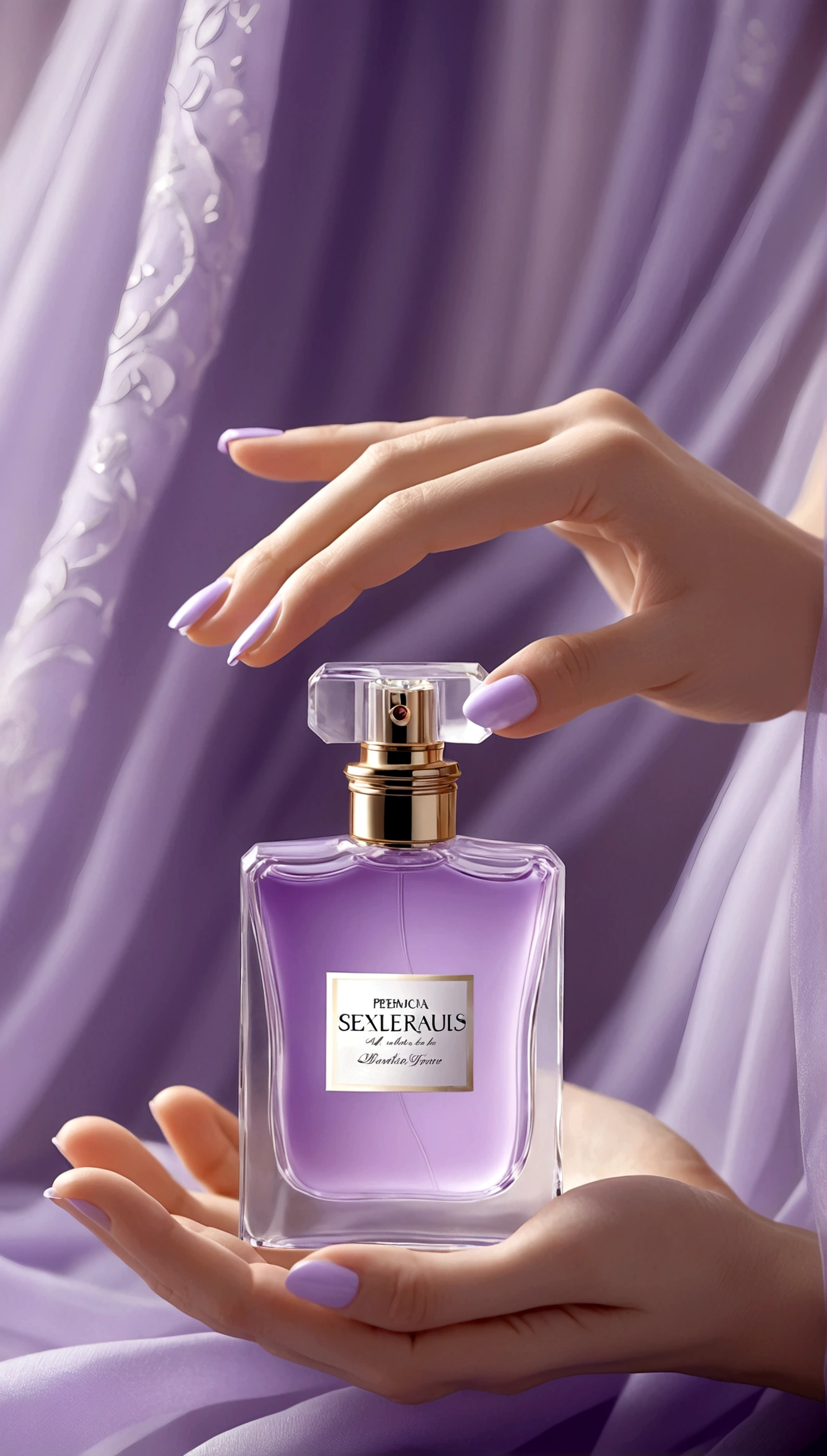perfume in women&#39;s hands, on the hands there is a delicate lavender fabric, fabric is light on perfume, beautiful perfume, aesthetic advertising, stylish perfume, soft aura, blurred background, light, gentle perfume, cold haze