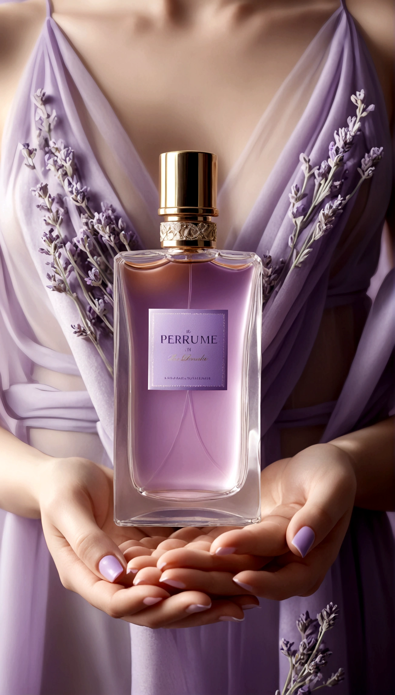 perfume in women's hands, on the hands there is a delicate lavender fabric, fabric is light on perfume, beautiful perfume, aesthetic advertising, stylish perfume, soft aura, blurred background, light, gentle perfume, cold haze