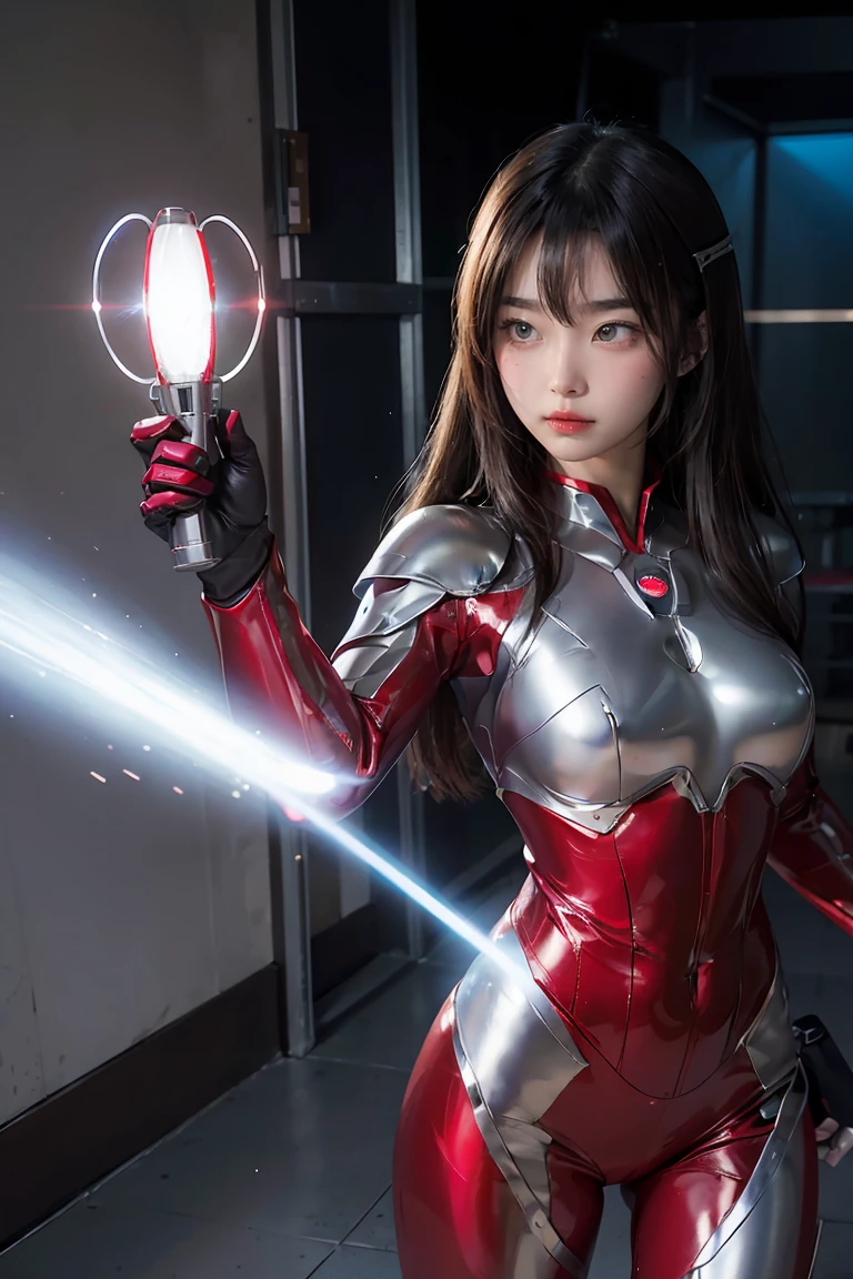 Ultraman、Practical、Practical、light, Girl in shiny red and silver suit、、Professional photos、University Teachers'Do not expose your skin, Japanese Models, Japan CGI、Ultraman Suit、, Power Rangers Set、Tight-fitting thin network suit,The whole body is elastic、There's pink There、 Delicate body, Large Breasts、Small butt、Thin thighs、Thin arms、Thin waist、Camel toe、Both sides of the cyber suit fit tightly against the skin、big eyes、Black short hair、Facing forward、Facing forward立っている、There is a glowing sphere embedded in the treasure chest.、Essay Examination、 Blue sky background