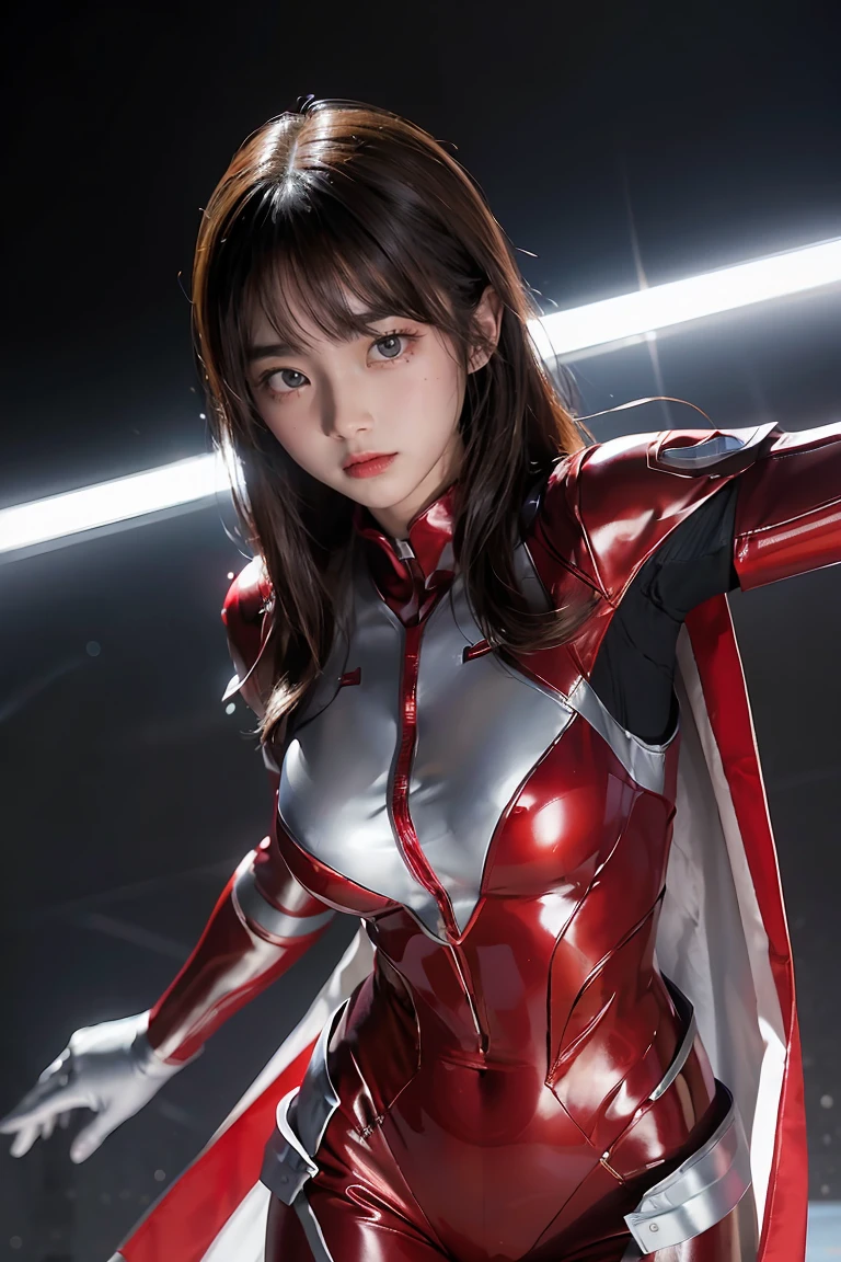 Ultraman、Practical、Practical、light, Girl in shiny red and silver suit、15 years old、Professional photos、University Teachers'Do not expose your skin, Japanese Models, Japan CGI、Ultraman Suit、, Power Rangers Set、Tight-fitting thin network suit,The whole body is elastic、There's pink There、 Delicate body, Large Breasts、Small butt、Thin thighs、Thin arms、Thin waist、Camel toe、Both sides of the cyber suit fit tightly against the skin、big eyes、Black short hair、Facing forward、Facing forward立っている、There is a glowing sphere embedded in the treasure chest.、Essay Examination、 Blue sky background