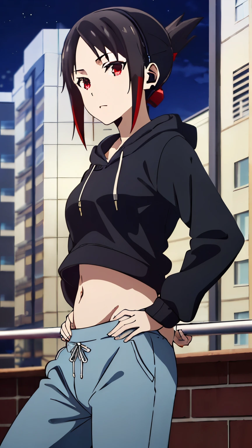 (best quality, masterpiece, 8k:1.2), detailed,
shinomiya kaguya,1girl, solo, black hair, red eyes, short hair, folded ponytail, red hair ribbon, (Hip Hop Dancer Style, Headphones, Pants, Hooded Sweatshirt, Colorful Shirts, Belly Button, City, Night),
looking at the viewer, medium breasts, dynamic Angle,