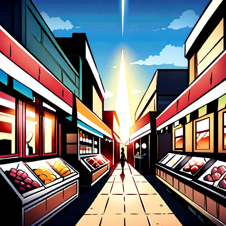 (Highest quality:0.8), (Highest quality:0.8), Perfect anime illustration, City Market, not human, Small shops, Accent lighting, sunny day