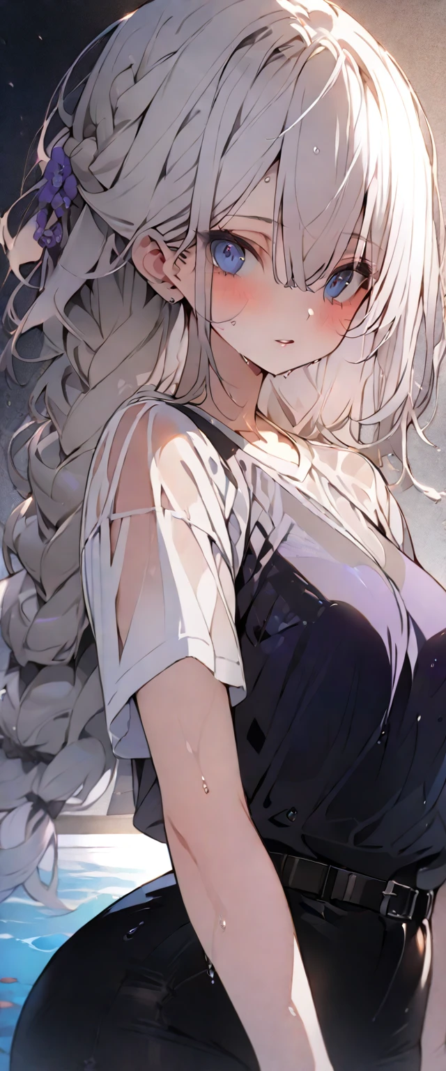 beautiful, masterpiece, Highest quality, anime, One girl,Portrait Shot, View your viewers, Covered、Long Hair、nearby、Blue Eyes、art、White hair,black streaked hair, dark atmosphere、Thighs、Braid、Wet Shirt、Light purple bikini、belt、Pool