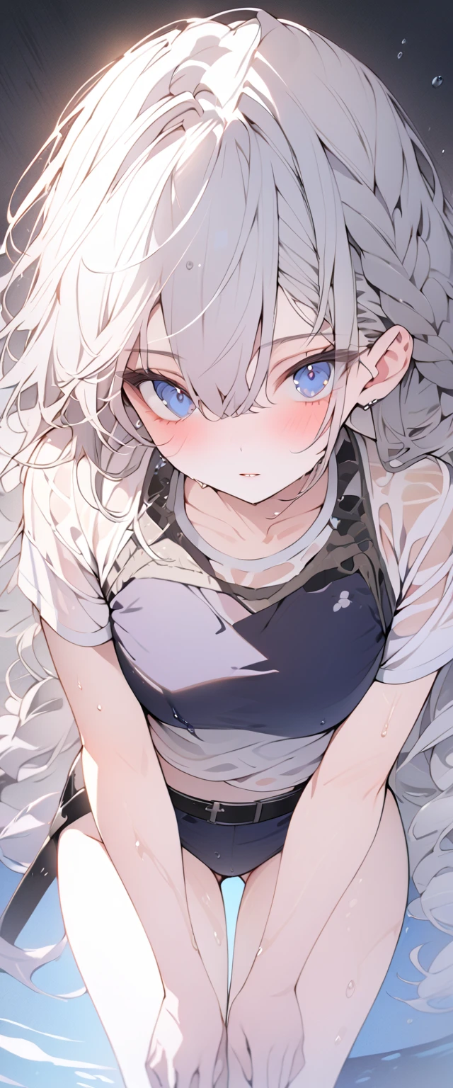 beautiful, masterpiece, Highest quality, anime, One girl,Portrait Shot, View your viewers, Covered、Long Hair、nearby、Blue Eyes、art、White hair,black streaked hair, dark atmosphere、Thighs、Braid、Wet Shirt、Light purple bikini、belt、Pool