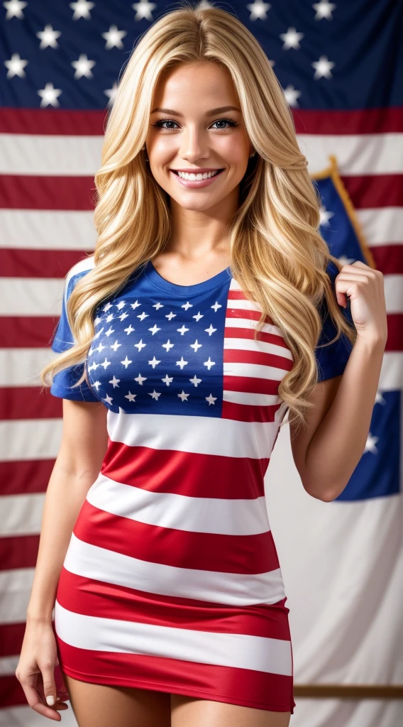 The woman smiling. Blond. realistic photo. wearing an american flag dress t-shirt. cheerleader. 80/80 1girl super sexy. high quality, real photo. 4k.