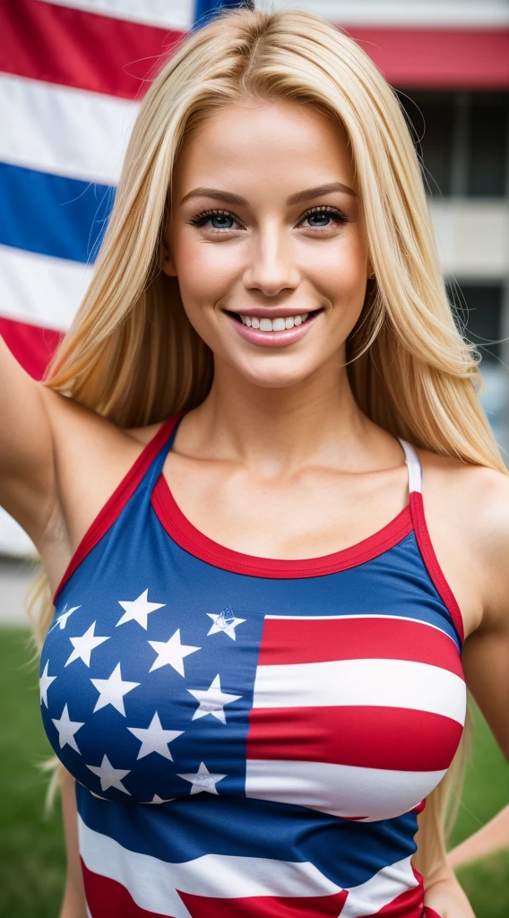 The woman smiling. Blond. realistic photo. wearing an american flag dress t-shirt. cheerleader. 80/80 1girl super sexy. high quality, real photo. 4k.