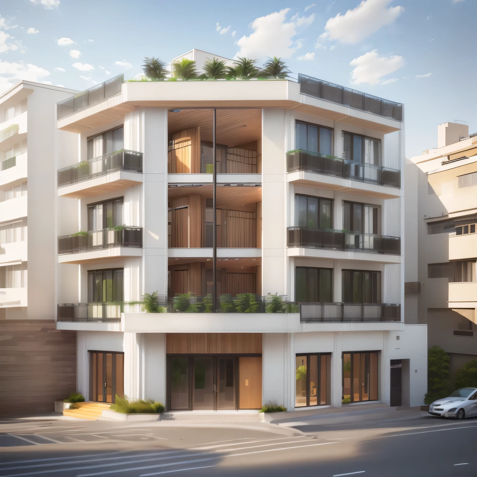 Rendering of modern townhouse with balcony, wooden decorative walls, greenery, combined with coffee shop, office, urban residential landscape, marble front door steps, terrace Planting trees, surrounding existing residential areas with asphalt roads and cars,