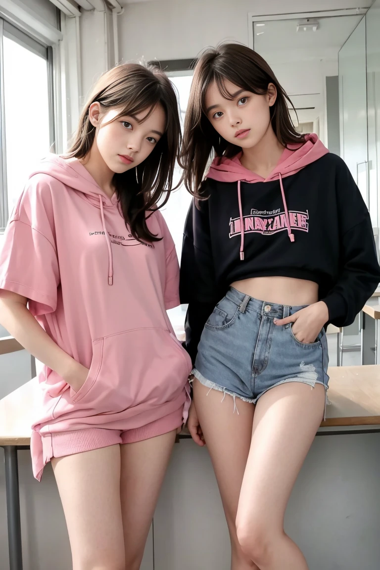 deux femmes ensemble de 18 ans sexy et mince , pink short sleeve hoodie , salle de classe, se touche,position sey,sensuel,visible legs,