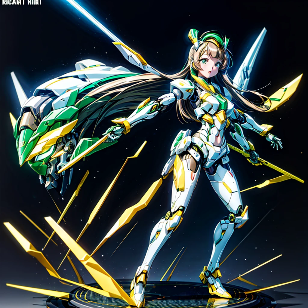 masterpiece, high quality, Cyborgization、Gynoid Cyborg Body、The face is of Minami Kotori.、Minami Kotori, who has been remodeled into a girl-type mechanical body、Mecha Cyborg Girl、Single, frontal composition、Single image、from front, full body、The mechanical body is destroyed, exposing the precision machinery.、Arms and legs wide open、Black Background