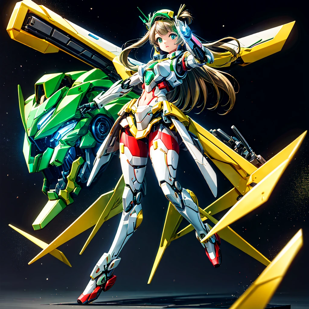 masterpiece, high quality, Cyborgization、Gynoid Cyborg Body、The face is of Minami Kotori.、Minami Kotori, who has been remodeled into a girl-type mechanical body、Mecha Cyborg Girl、Single, frontal composition、Single image、from front, full body、The mechanical body is destroyed, exposing the precision machinery.、Arms and legs wide open、Black Background