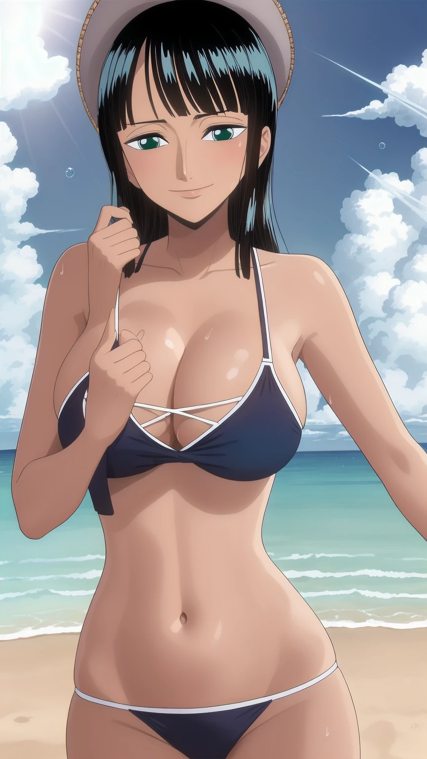 Highest quality,wonderful,In detail.Depth of written boundary,Beautiful attention to detail, Nico Robin, One Girl,Cowboy Shot,Mature Woman, Smiling, looking at the viewer, blue theme, blue background, cloudy sky, sunlight, sweat, orgasmic, bikini swimsuit, large breasts, cleavage, belly button exposed, collarbone, thighs, sea and beach,