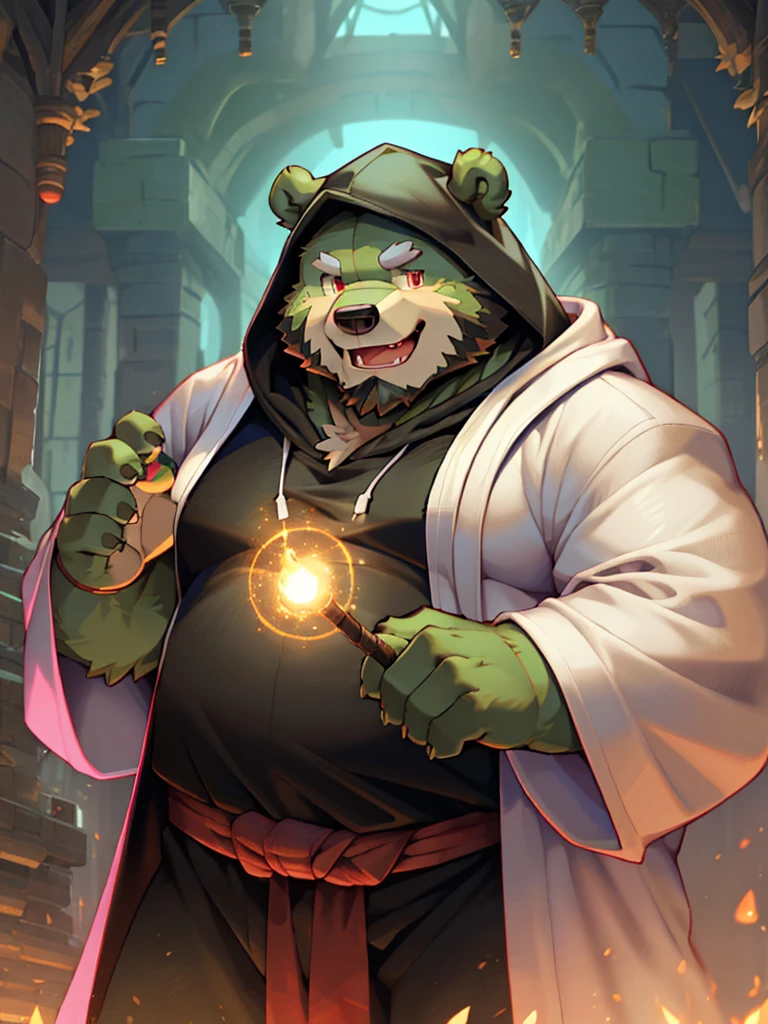 anthro, kemono, male, solo, ((round face, very plump face, thick beard)), (((dark beard))), ((endomorph body type, old-aged)), ((green bear, bear) fluffy fur, fluffy), (at old ruin, dungeons), bokeh, (high quality, highres, masterpiece), (dynamic lighting, vivid color), (generous smile), (face focus), front view (close up), cartoon, (((green bear))), (((green fur))), green hair, beard, white eyebrows, bald, detailed red eyes, tall, steel mage staff, magic, (black t-shirt inside), (((white robe coat with hood))), by zixiong, by takemoto arashi, by zixiong, (by null-ghost:0.8), (by t.y.stars:0.4),
