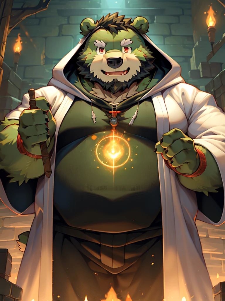 anthro, kemono, male, solo, ((round face, very plump face, thick beard)), (((dark beard))), ((endomorph body type, old-aged)), ((green bear, bear) fluffy fur, fluffy), (at old ruin, dungeons), bokeh, (high quality, highres, masterpiece), (dynamic lighting, vivid color), (generous smile), (face focus), front view (close up), cartoon, (((green bear))), (((green fur))), green hair, beard, white eyebrows, bald, detailed red eyes, tall, steel mage staff, magic, (black t-shirt inside), (((white robe coat with hood))), by zixiong, by takemoto arashi, by zixiong, (by null-ghost:0.8), (by t.y.stars:0.4),