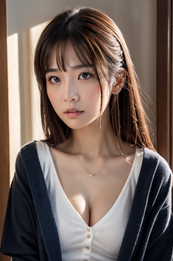 8K, Highest quality, masterpiece:1.2), (Realistic, photo-Realistic:1.37), Highest quality, masterpiece, Beautiful young woman, Pensive expression, Thoughtful expression, Elegant clothing, Tie your hair back, Messy mood, Movie Background, tired, Light skin tone