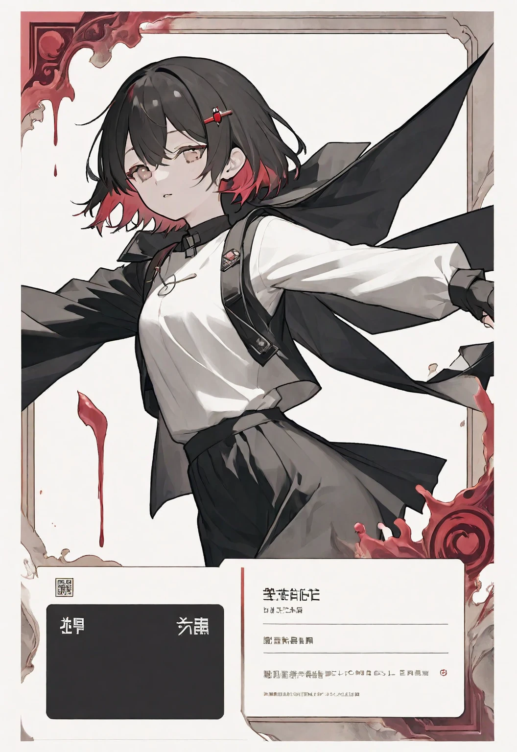A card border UI，Modern urban minimalist style，Suspense style，Profile Style。Leave a square blank space in the middle，There is a ruby under the bezel。Parchment backing，There are blood stains on it。Black and White、yellowish、Lilac main color。