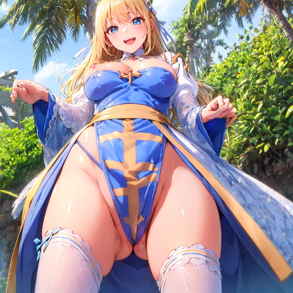 Texture CG,((Ultra Detail Art)),((master piece)),(extremely details CG),1girl,solo,ragnarokarch,nsfw,(clothes pull,wedgie,front_wedgie),gal,gyaru,beautiful breasts,slim body,slim legs,collarbones,slim and smooth lines,slim waist,small butt,(nipple slip:1.2),(from below:1.3),(ass visible through thighs),(panty shot),wind lift,pelvic curtain lift,((string panties,white panties,thong,clitoris erection,cameltoe)),(White Puff Sleeves,white thigh thighs,Gold Sash,White blue dress from neck to chest,cleavage cutout,Long blue skirt with slit),((over the knee length pelvic curtain)),(Blue Wide Sleeve,(Blue Dress wedgie Front)),long hair,golden blonde hair,Curve,Beautiful detailed eyes ,gleaming skin,open mouth,smile,outsides,clear sky,in summer,windy,garden,