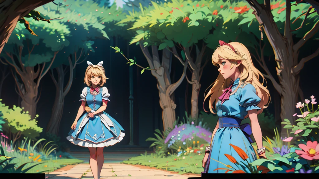 Make a thumbnail for YouTube of a video about Alice in Wonderland, make Alice blonde with a garden setting