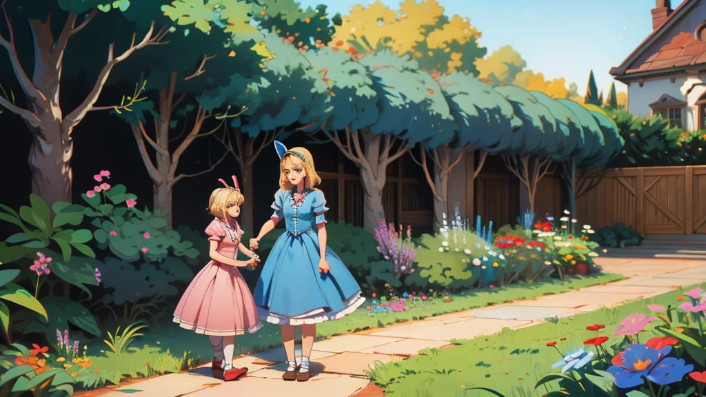 Make a thumbnail for YouTube of a video about Alice in Wonderland, make Alice blonde with a garden setting