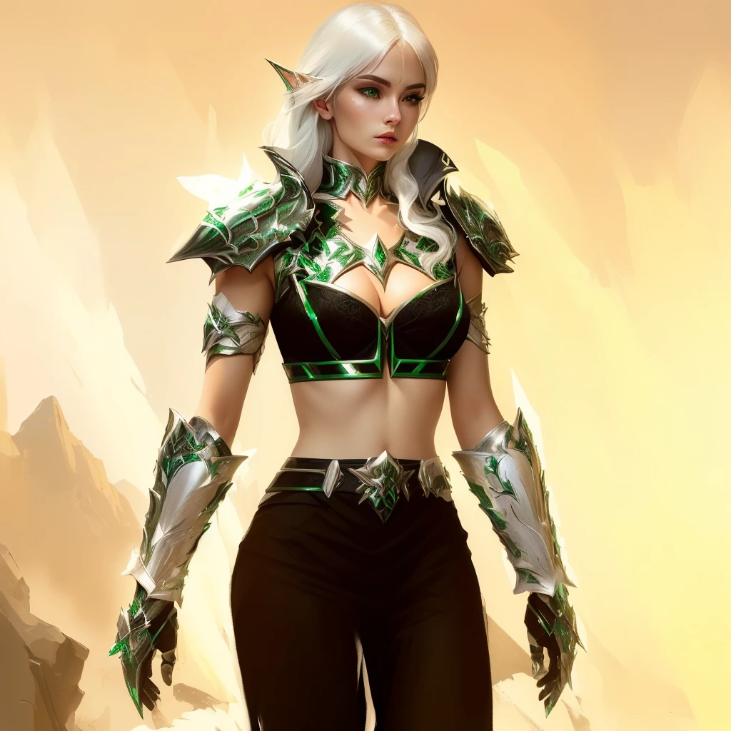 there is a woman with a white hair and a green and black outfit, a blonde emerald warrior, clothed in ethereal battle armor, sleek glowing armor, alluring mesmer woman, wearing shiny breastplate, sleek bright white armor, fantasy outfit, from guild wars, warrior outfit, dressed like a cleric, sleek white armor, female elf, wearing sleek armor, elf ears, emerald crystal armor