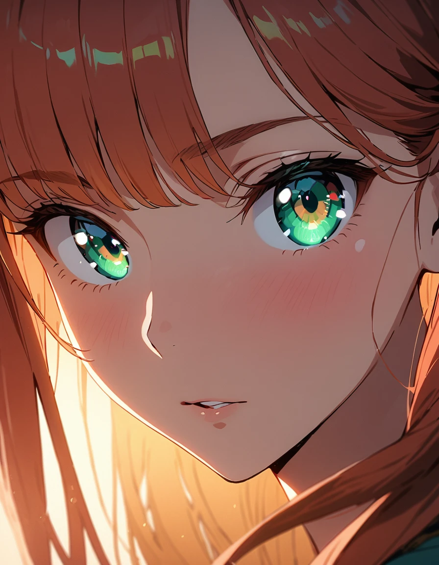masterpiece, highest quality, movie stills, high resolution, perfect skin, perfect face, 1 woman, beautiful adult woman, redhead, very long auburn straight hair, bangs, aquamarine-green eyes, shiny eyes, brown pupils, close, bright, lustful, warm and soft lighting, (spark:0.7), portrait, eye focus, two colors eye