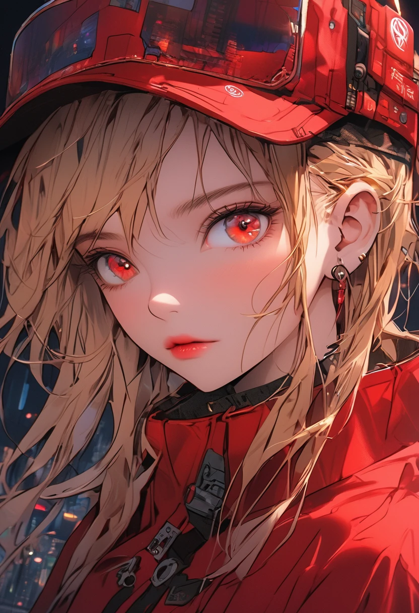 masterpiece , night , close up , beauty , blonde hair , red eyes , red robe , cyberpunk , soft light , cyberpunk girl