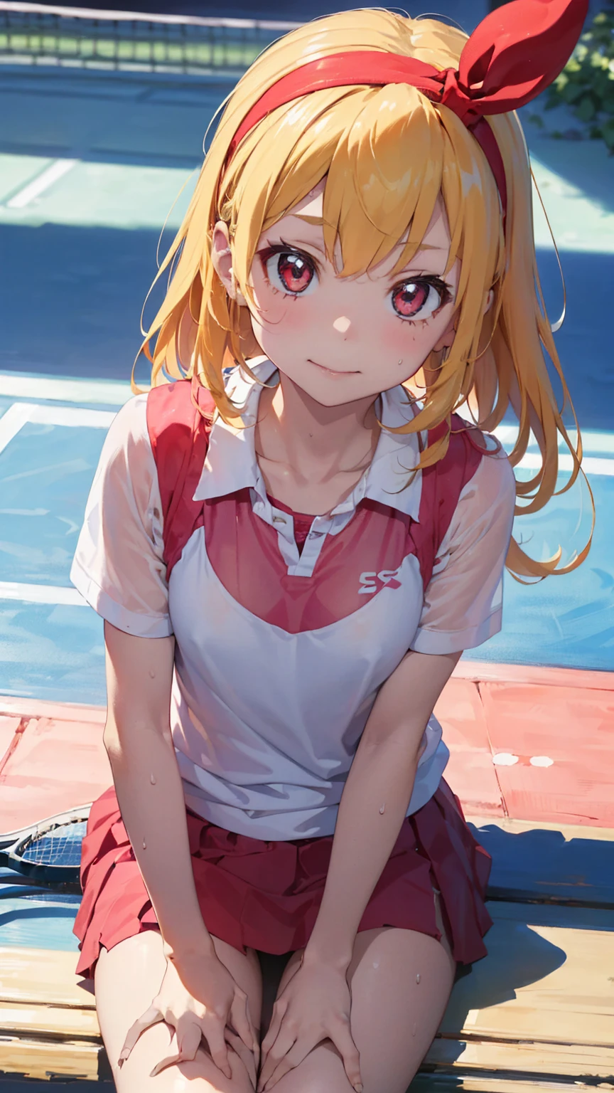 (Red ribbon on hairband:1.2),Browsing Caution, One girl, (7 years old :1.4), (High school student), (Blonde), (Spread your legs, sit, Leaning forward), ((Tennis uniform)), (Take off your clothes), ((((See through)), Pink good, Panty shot)), (Sweat), Tennis court