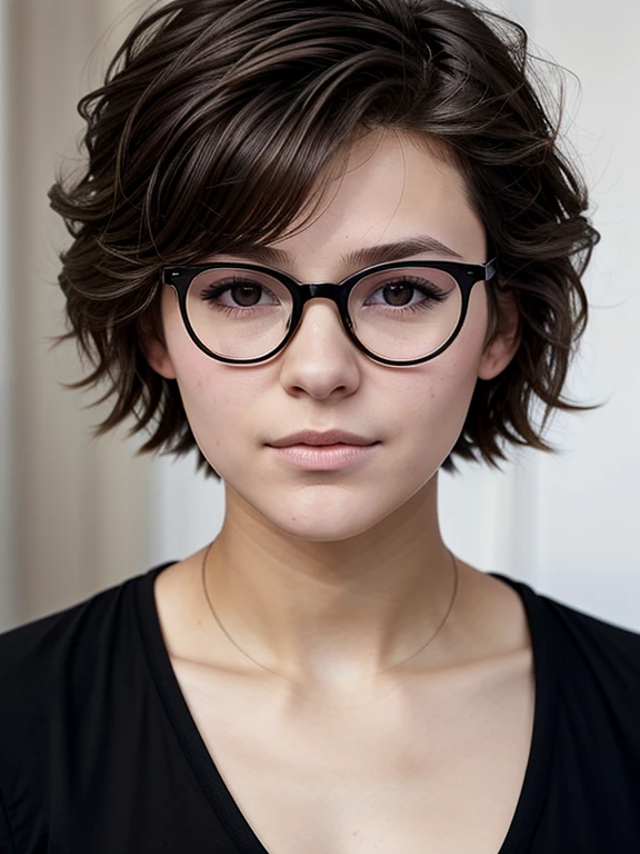 (masterpiece, Best quality:1.2), 1 tomboy girl , One, Russian girl in glasses with aesthetic small breasts with beautiful erect pale pink nipples, round face, round cheeks, small round chin, beautiful proportional small wide nose, Plump lips, closed mouth, expressive brown eyes, Long eyelashes, glasses with lenses, a little crazy look, sparkle in the eyes, spiky tousled dark brown tousled slightly wavy medium length shoulder length hair, Plain Cotton Men's Racerback Tank Top, absolutely no bra, upper body photo portrait, high quality human skin textures, Beautiful face, Ideal Anatomy, realistic textures, realistic glasses, image distortion through glasses lenses, without cosmetics and perfumes, without decorations, medium shot, free pose