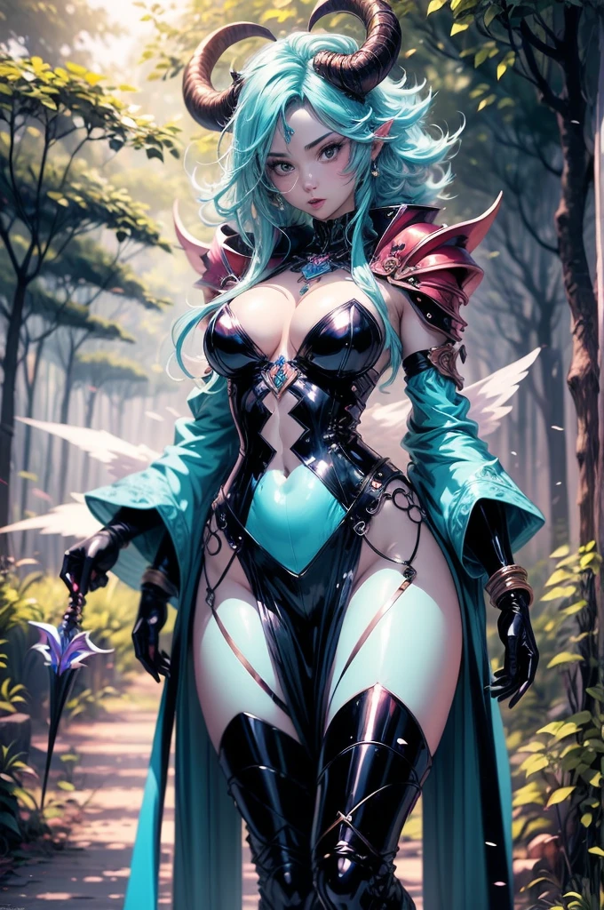 NUDE woman with blue hair , GOAT  horns in a forest, THICK, NUDE BREASTS, HUGE, THICK gothic maiden anime girl, anime girl with teal hair, fantasy art style, beautiful fantasy anime, anime in fantasy style, anime fantasy artwork, epic fantasy art style, beautiful anime woman, shadowverse style, beautiful alluring anime woman, /!\ the sorceress, anime goddess, anime fantasy illustration