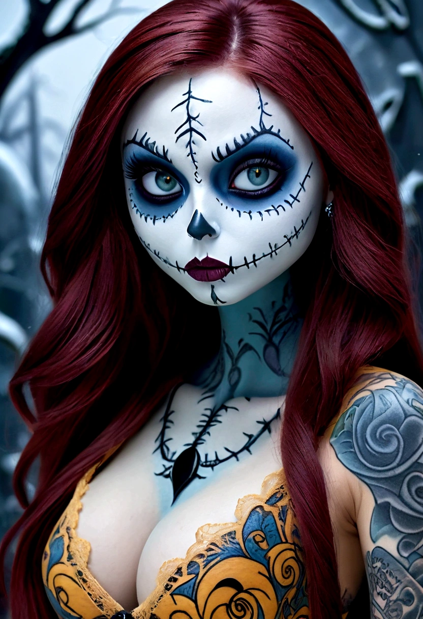 Create a hyper detailed photograph of a nightmare before Christmas tattooed young sexy sally, Stunningly perfect gorgeous face, perfect makeup, detailed vibrant eyes, long hair, beautiful perfect, perfect beautiful perfect arms, realistic torso, detailed silky smooth skin, big breast, perfect round ass, sally sexy seductive lace thong, back to camera looking forward,
