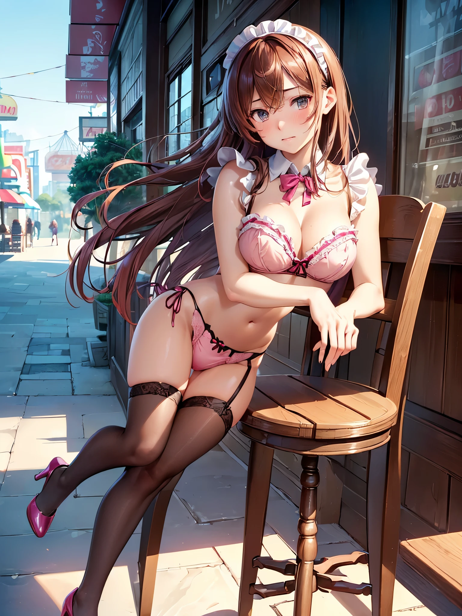 (((masterpiece, Highest quality, High resolution, 超High resolution, Perfect Pixel, Depth of written boundary, 4K, RTTX 10.0))), Beautiful Anime Women, Beautiful art style, Anime characters, ((Smooth texture, Realistic texture, Anime CG Style)), Exact finger count、Exact number of legs、(Exact number of arms:1.0, Exact number of hands:1.0), (Perfect hands, Perfect Anatomy), Cinematic, Realistic, Extremely detailed CG, Daytime lighting, Perfect lighting, Best Shadow, The best natural light, whole body, Perfect body, バランのとれたPerfect body, Perfectly balanced style, (Slender body:1.2), ((Long Hair, bangs, Reddish brown hair, Stylish hairstyle)), ((A cute woman is walking sexy:1.6)), ((Bow tie around neck, High heels:1.3), (Sexy and cute dark pink underwear:1.3), (Stylish shiny dark pink satin panties, Side-tie panties, Panties with a plain dark pink center and lace decoration on the sides:1.3), (Thin panties:1.3), (Dark pink micro lace satin bra, Thin bra:1.3), (garter belt, Knee socks:1.3):1.3), (beautiful and very large breasts, Cleavage:1.1), Feeling embarrassed, (blush:1.2), (Very embarrassed look:1.4), (Stylish cafe, amusement park, Carry drinks, A busy store, Chair, table, Outdoor:1.3), naked, In underwear, Waitress in underwear, (Frilly maid-like headband:1.2), whole body, Angle from the front, chizuru