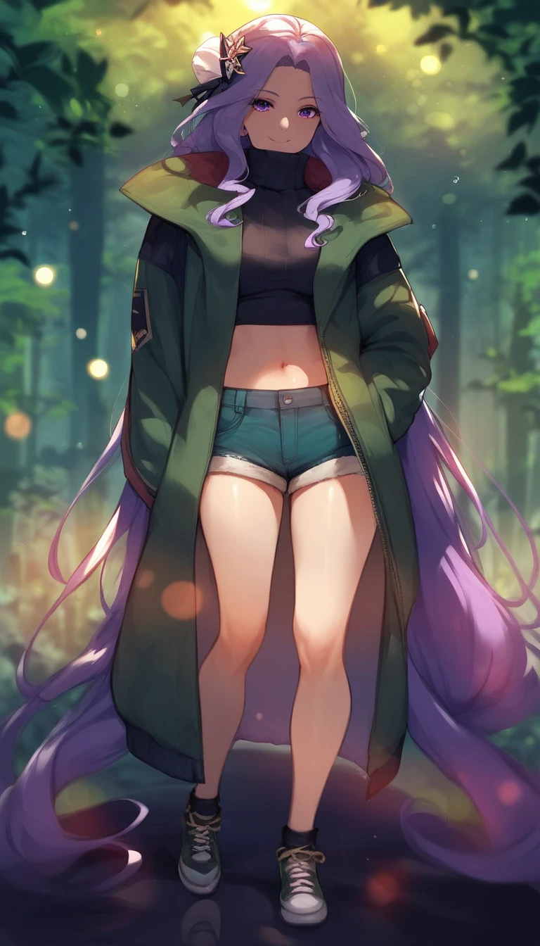 score_9, score_8_up, score_7_up, score_6_up, uncensored, quinella, absurdly long hair, purple eyes, long hair, parted bangs, purple hair, very long hair, hair ornament, horny face, blush face, lips, naughty face, shiny skin, sweating, steaming body, curvy, voluptuous, glowing eyes, 1girl, solo, pantyhose, standing, coat, full_body, looking_at_viewer, black_legwear, smile, casual, shoes, turtleneck, simple_background,  jacket, tree, bamboo, forest, smoke, water drop, spotlight, bokeh, bootyshorts, sneakers, 